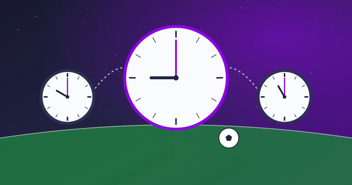 Illustration of three clocks above a football pitch, representing kick-off times in different local time zones