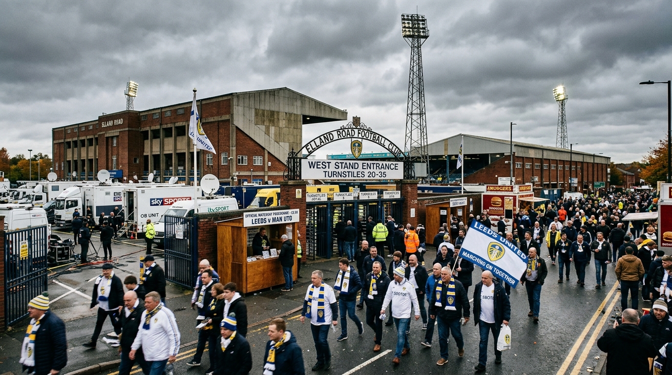 Football supporters arriving at historic stadium turnstiles on a Saturday afternoon before 3 PM kickoff